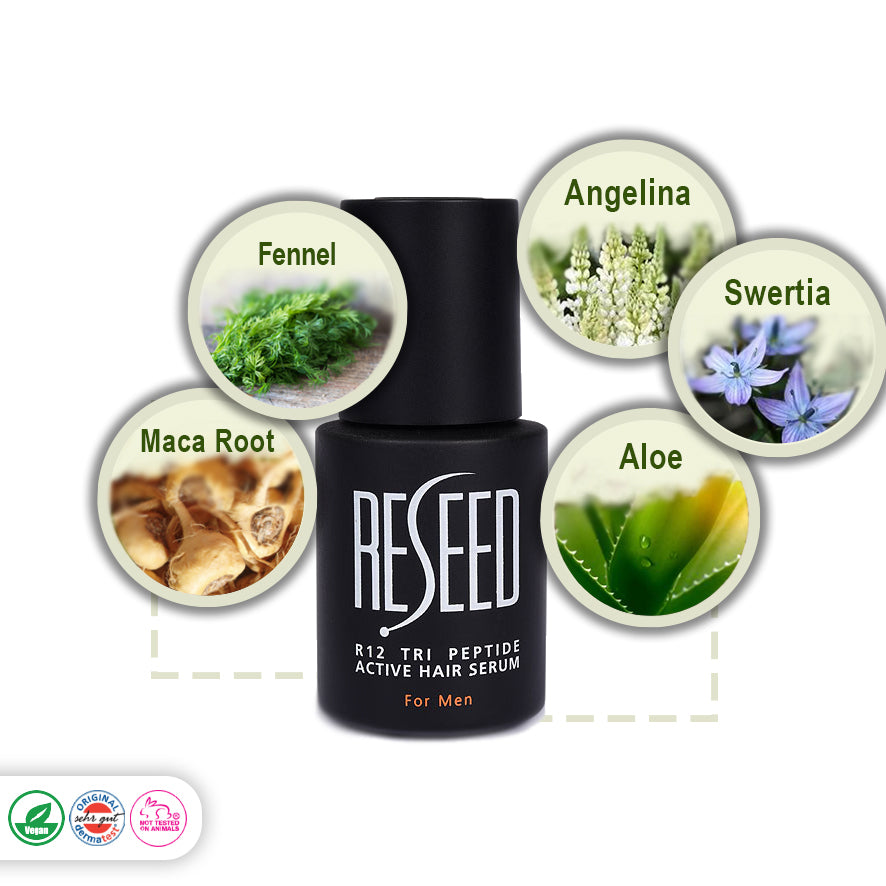 R12 Tri Peptide Active Hair Serum for Men 30 ml R12 Tri Peptide Active Hair Serum for Men 30 ml - Reseed Hair Loss Range for Men and Women, Hydrolysed Lupine Protein, DHT Blocker, Peptides, Anageline, Aloe barbadensis leaf Juice, Fennel, Swettia, Mana root